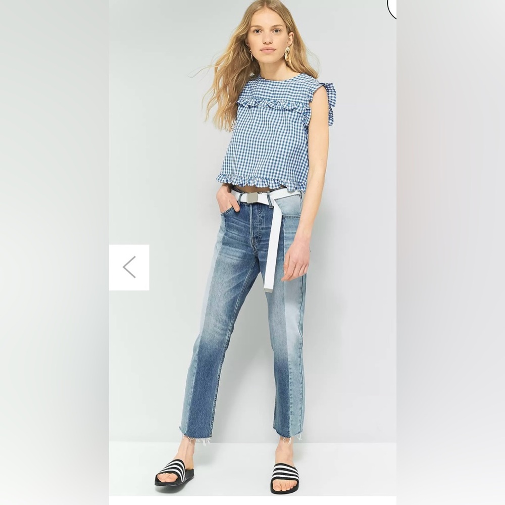 BDG Jessye Straight Leg Spliced Jeans W29 L32 two tone denim raw hem preppy